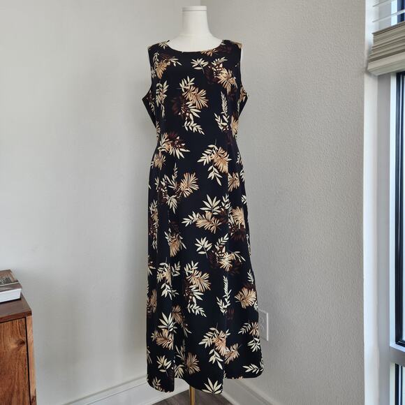 Vintage Studio I Black Brown Tropical Hawaiian Midi Dress 16 - Picture 1 of 10